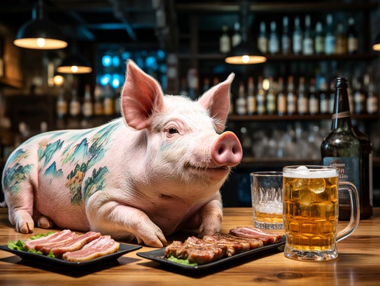 生肖猪的悠闲时光,烤肉香醇配冰啤,一醉方休,悠然自得生活画卷 生肖猪的悠闲时光,烤肉香醇配冰啤,一醉方休,悠然自得生活画卷