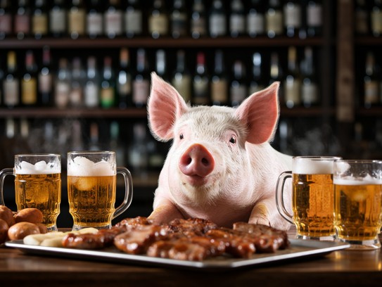 生肖猪的悠闲时光,烤肉香醇配冰啤,一醉方休,悠然自得生活画卷 生肖猪的悠闲时光,烤肉香醇配冰啤,一醉方休,悠然自得生活画卷