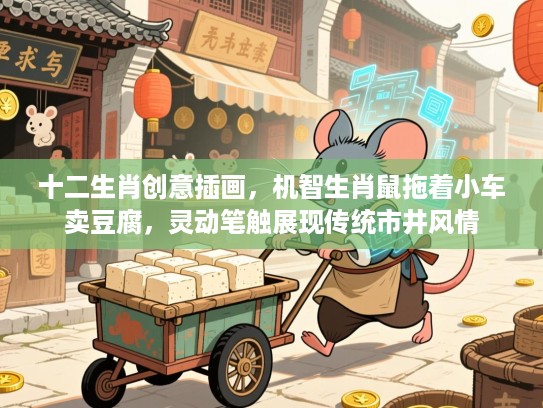 十二生肖创意插画，机智生肖鼠拖着小车卖豆腐，灵动笔触展现传统市井风情